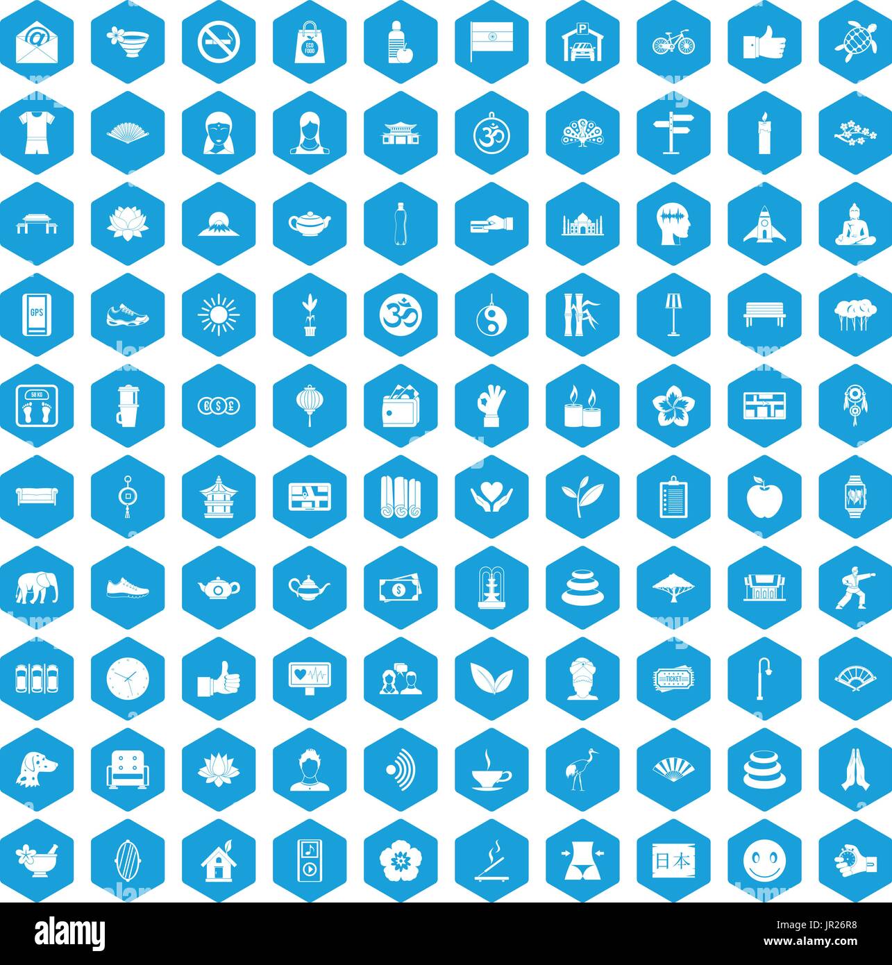 100 yoga studio icons set blue Stock Vector