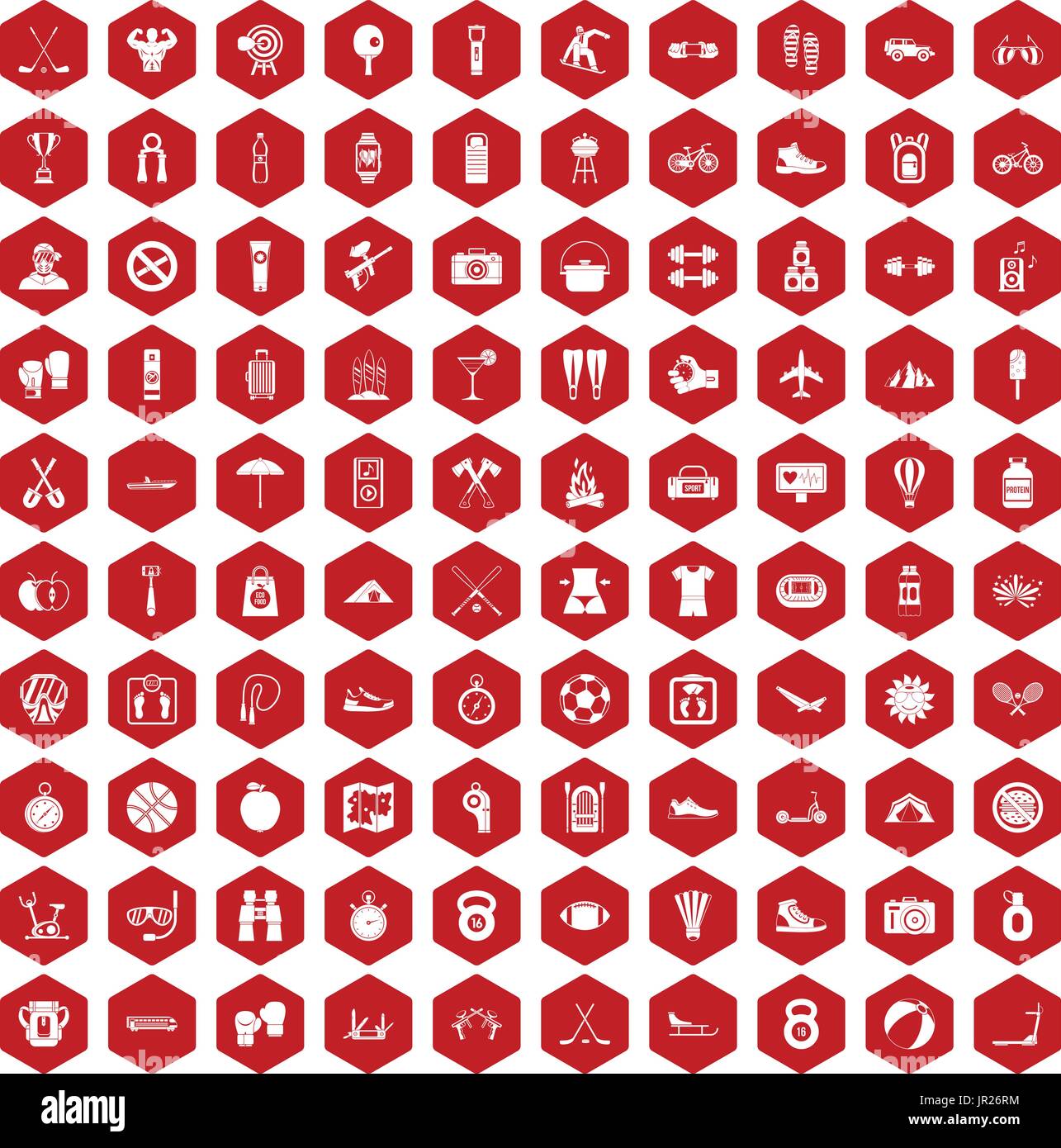 100 active life icons hexagon red Stock Vector