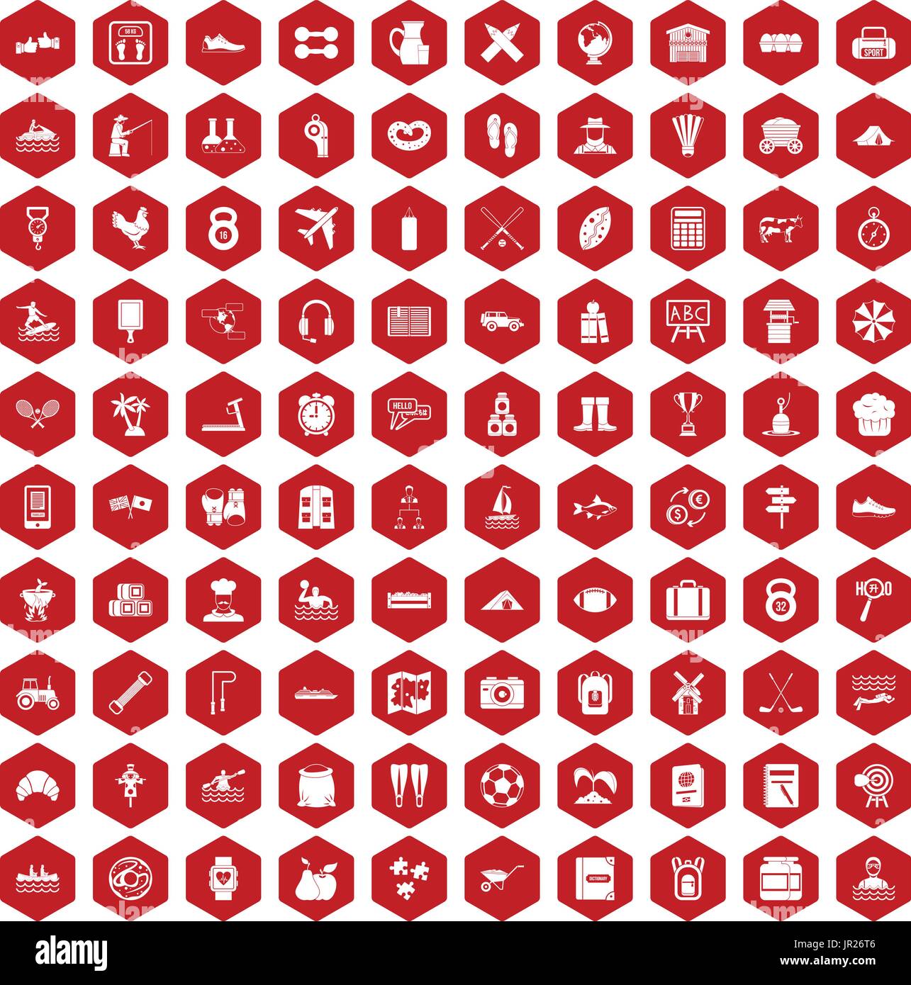 100 activity icons hexagon red Stock Vector