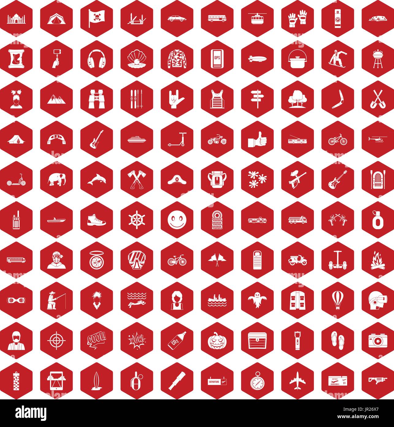 100 adventure icons hexagon red Stock Vector