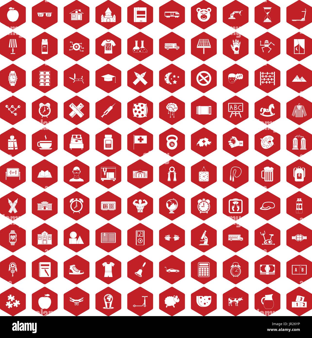 100 alarm clock icons hexagon red Stock Vector