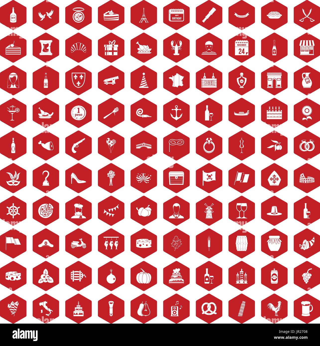 100 alcohol icons hexagon red Stock Vector