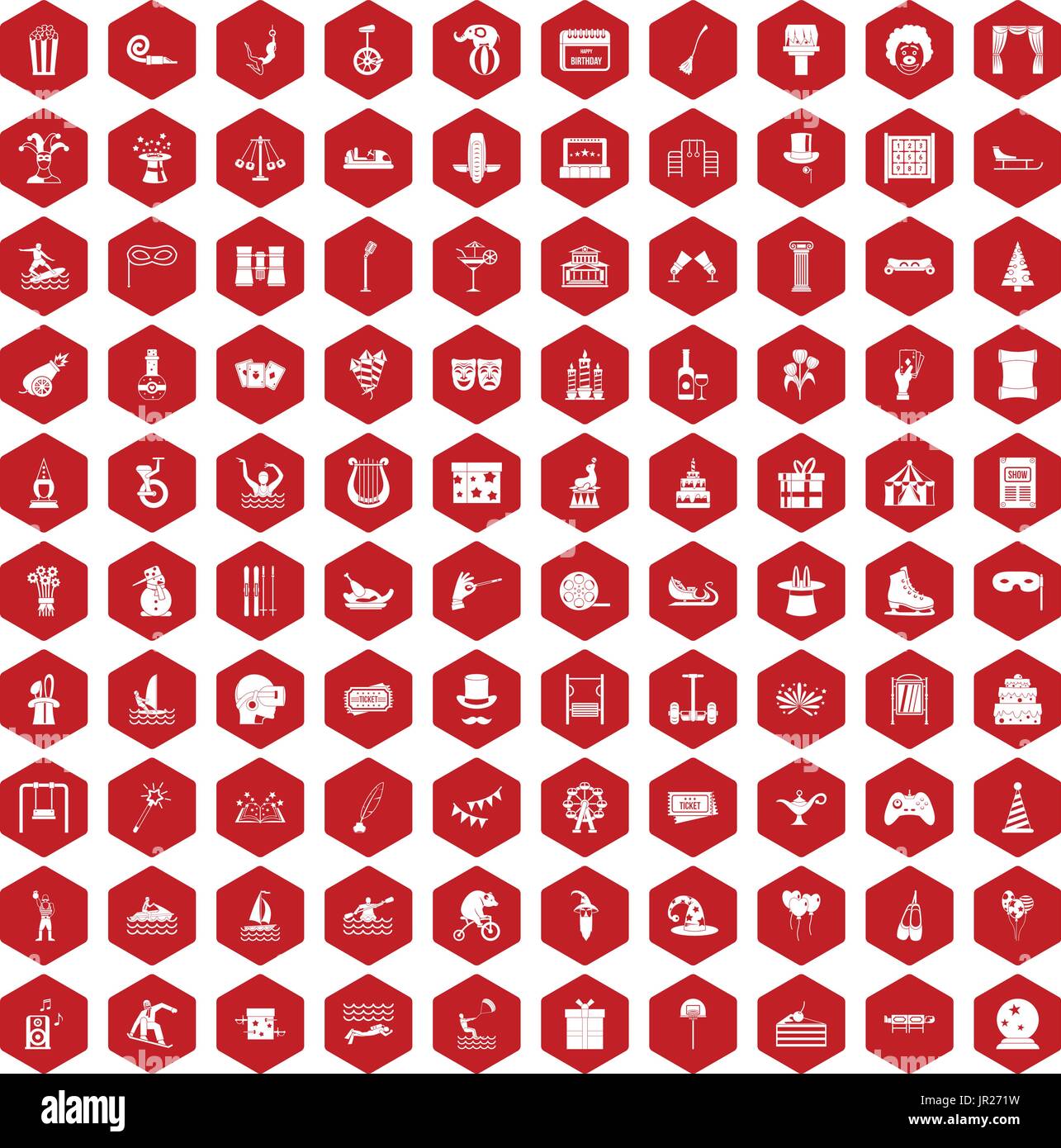 100 amusement icons hexagon red Stock Vector