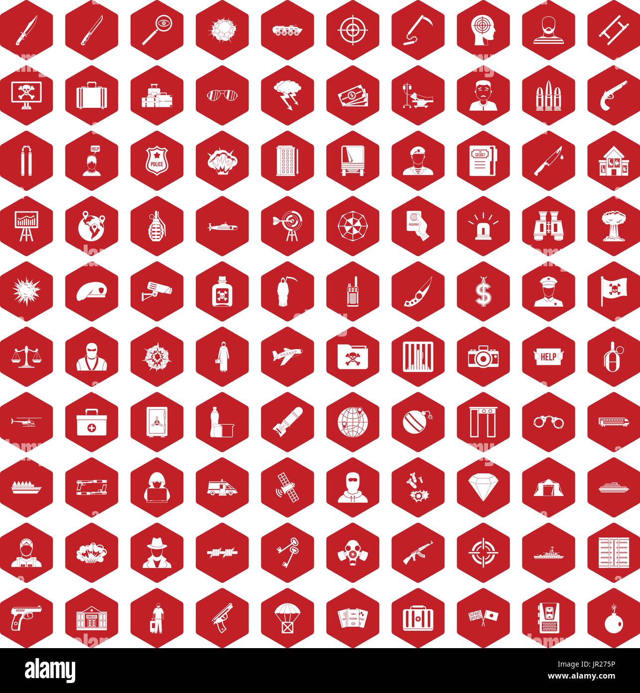 100 antiterrorism icons hexagon red Stock Vector