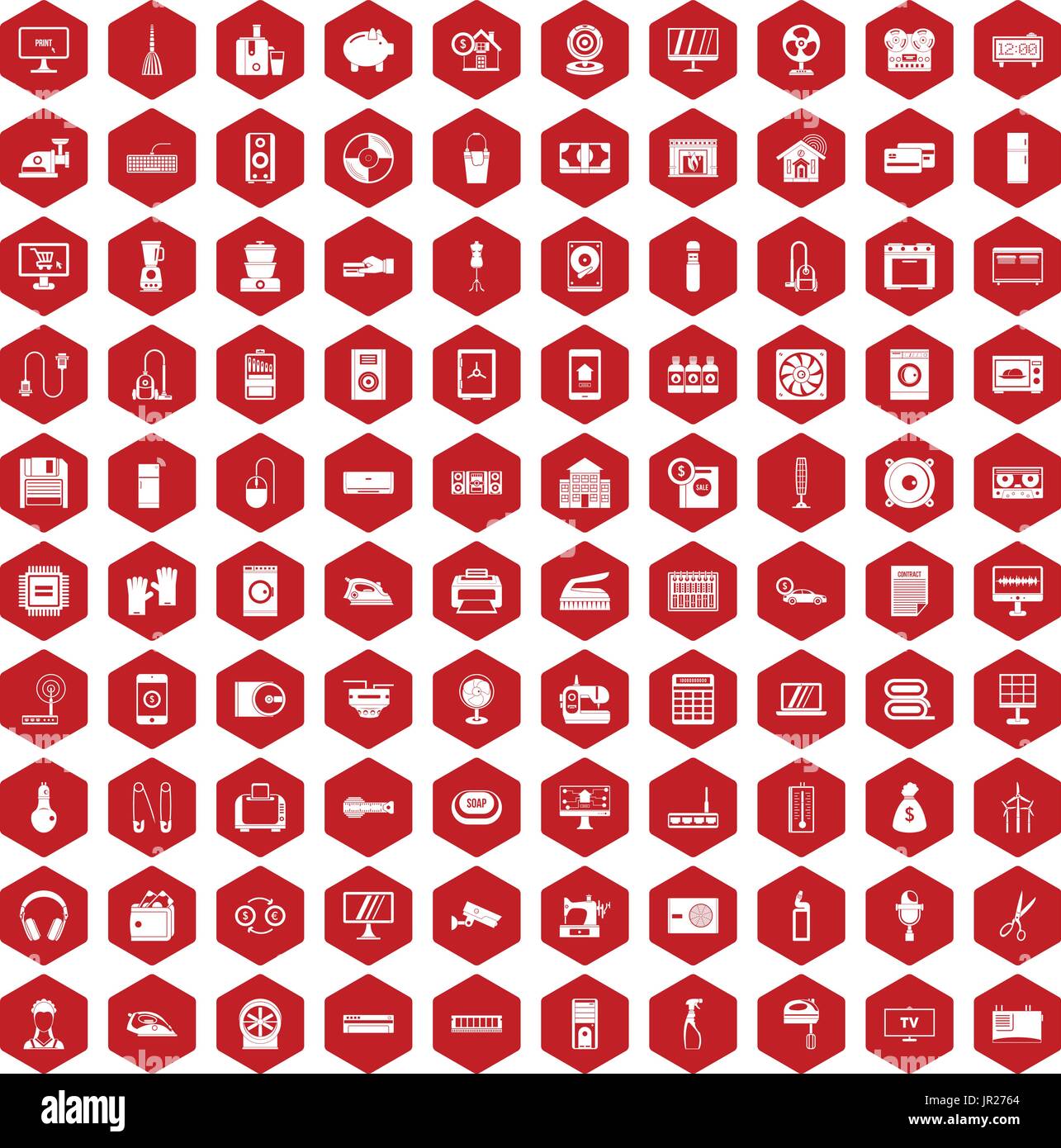100 appliances icons hexagon red Stock Vector