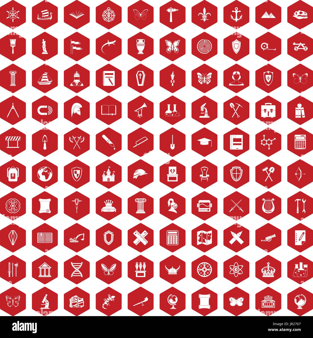100 archeology icons hexagon red Stock Vector