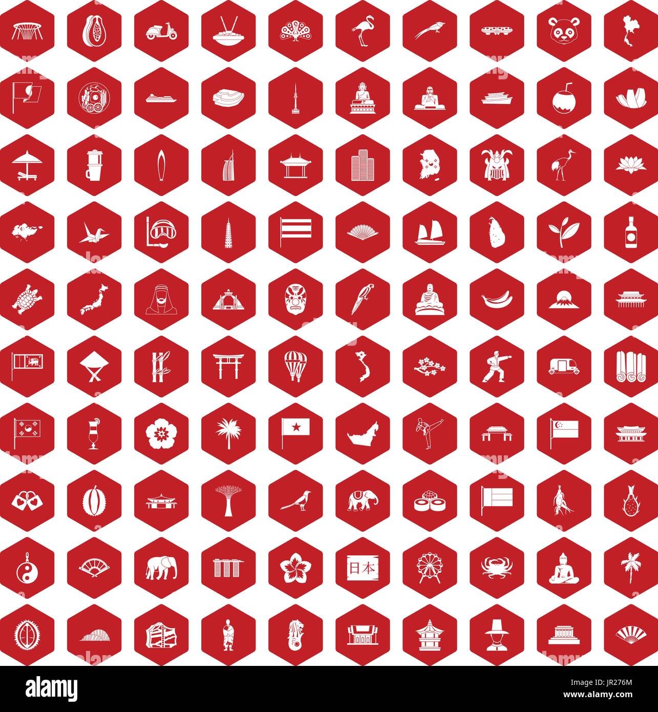 100 asian icons hexagon red Stock Vector