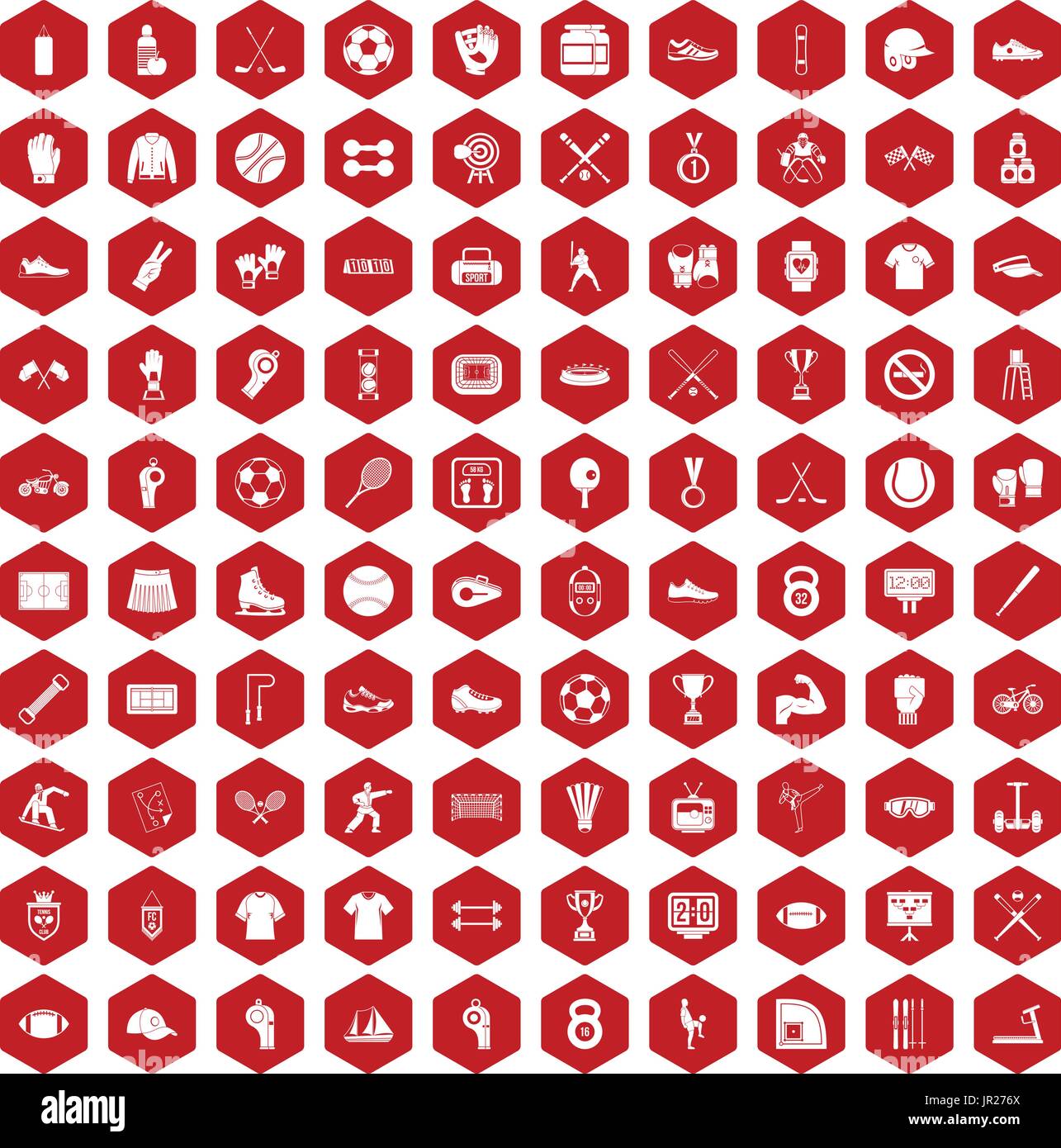 100 athlete icons hexagon red Stock Vector