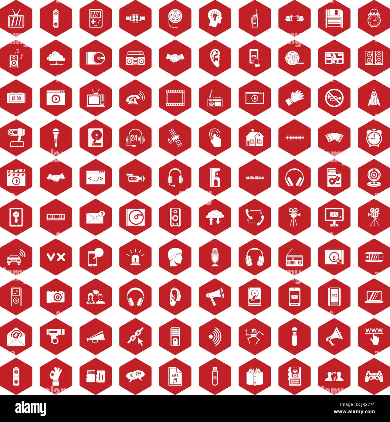 100 audio icons hexagon red Stock Vector
