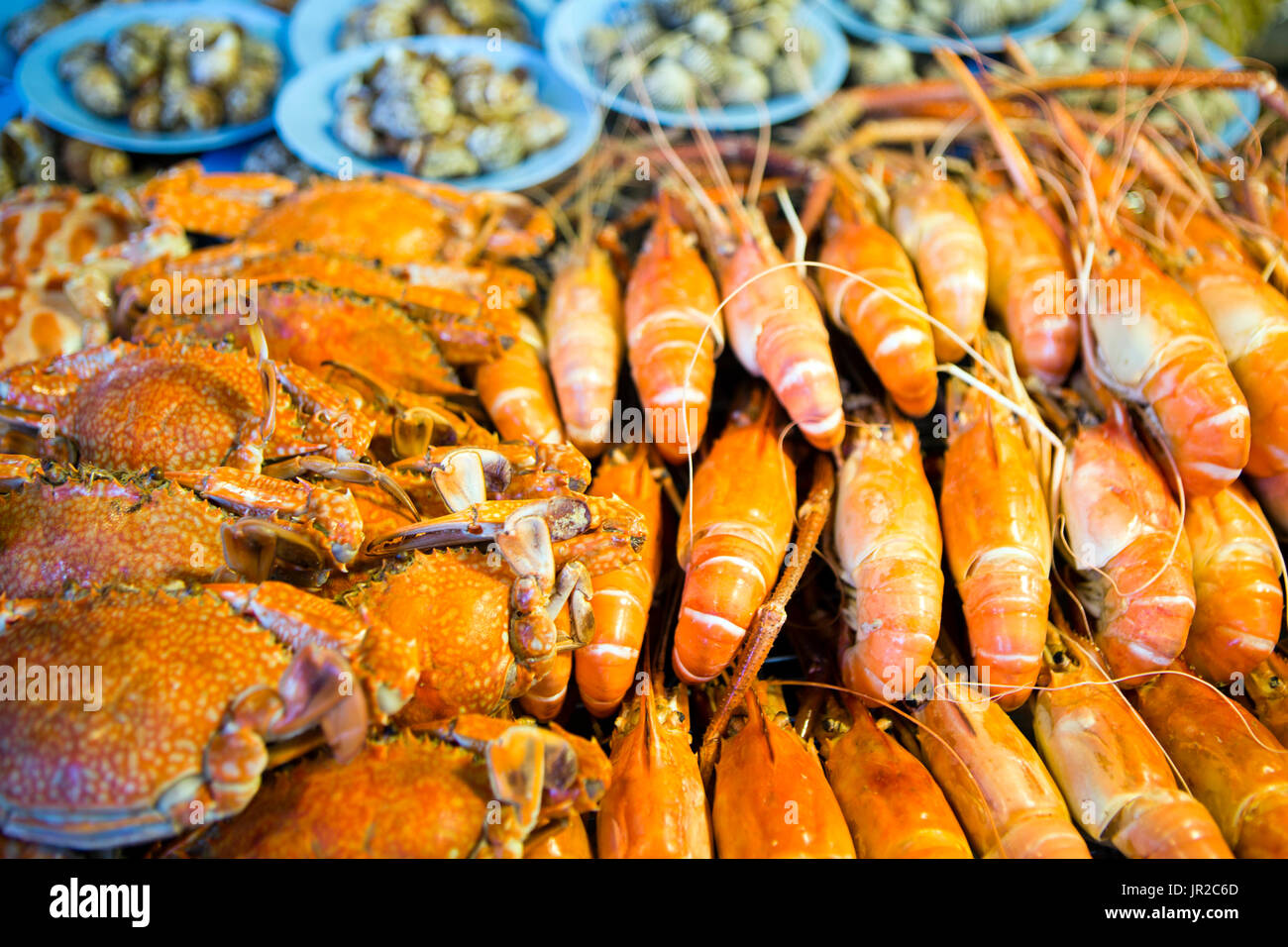 Thai seafood in a market stall. Stock Photo