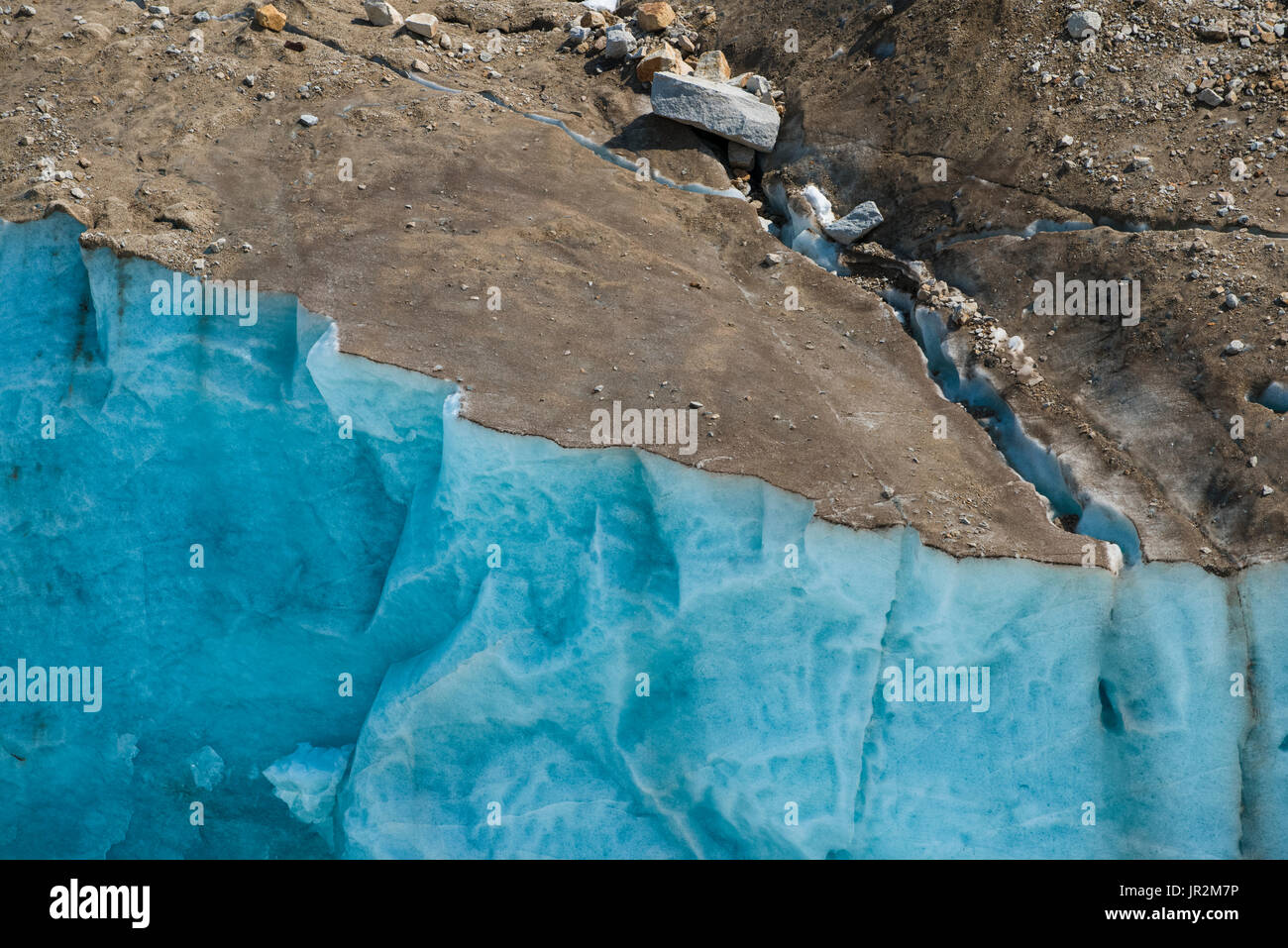 Aerial View Of Blue Ice Covered By Soil, Ruth Glacier, Denali National Park, Interior Alaska, USA Stock Photo