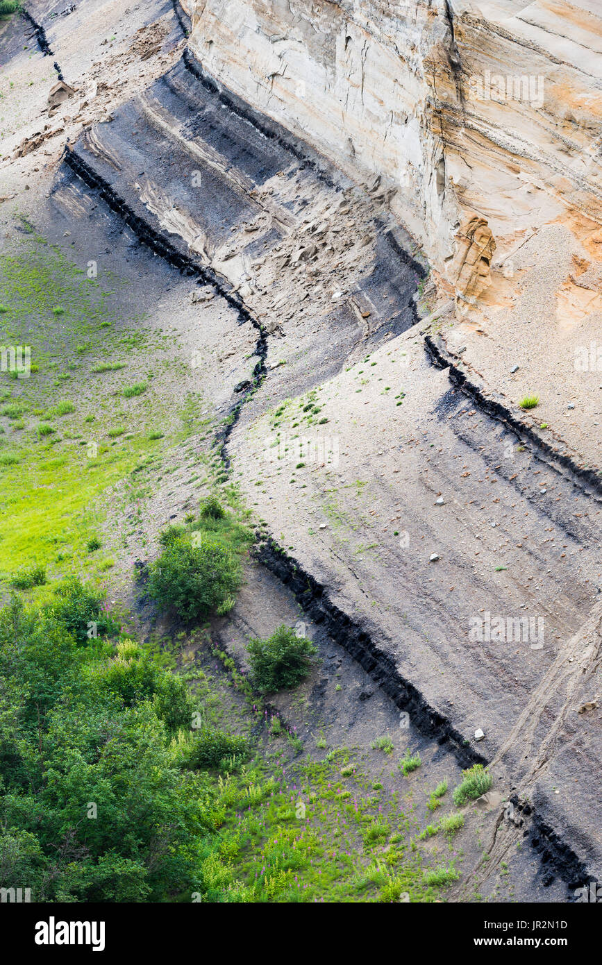 Aerial View Of Bands Of Coal In A Hillside Near Healy Creek, Interior Alaska, USA Stock Photo