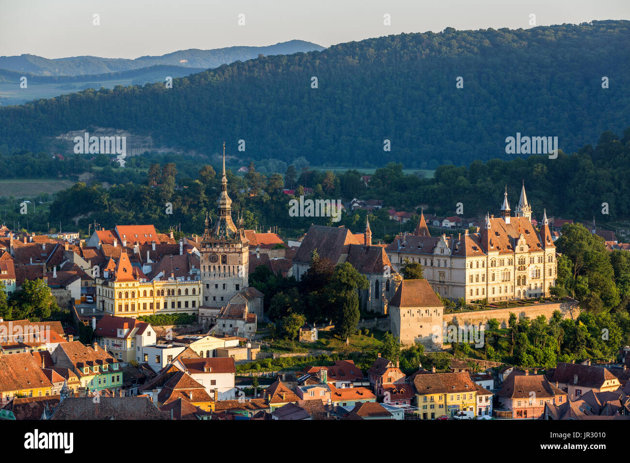 Morning panorama of Sighisoara city in Romania Stock Photo