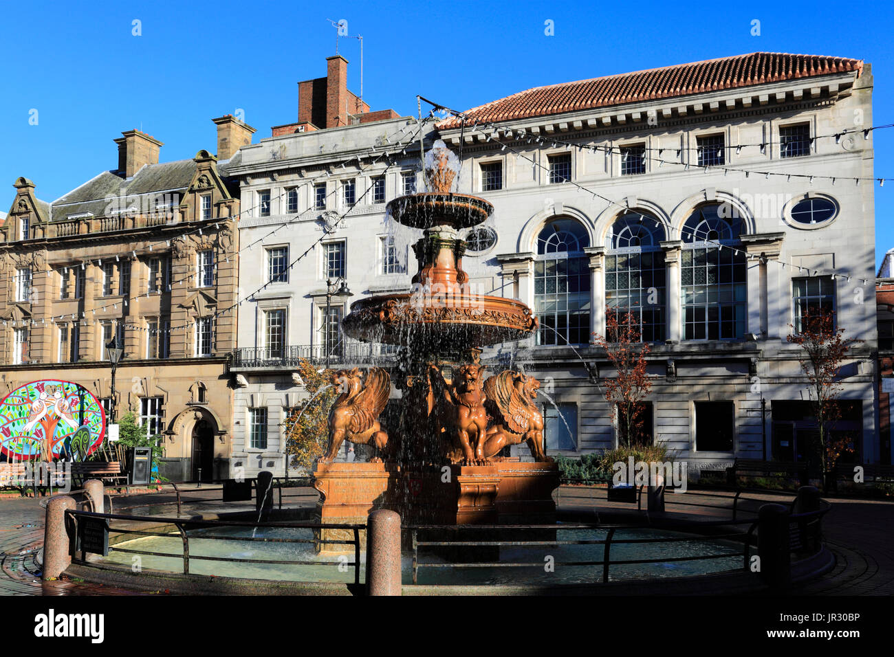 Water fountain in the town hall square gardens, Leicester City, Leicestershire, England; Britain; UK Stock Photo