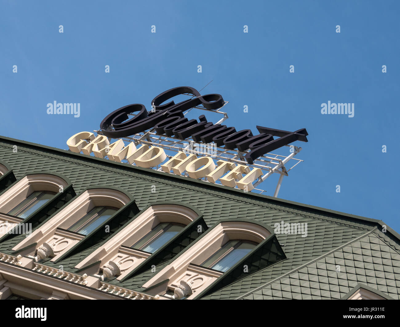 KYIV, UKRAINE - JUNE 12, 2016:  Sign and Facade of the Fairmont Grand Hotel in the Podil District Stock Photo