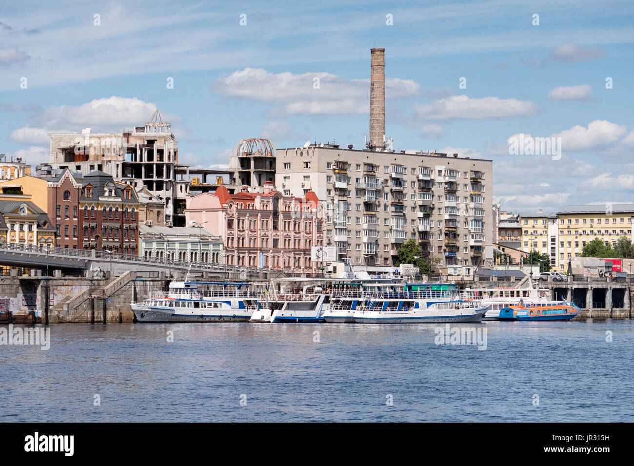 KYIV, UKRAINE - JUNE 12, 2016:  Tourist Boats in the Kiev River Port on the Dnieper (Dnipro) River in the Podil District Stock Photo