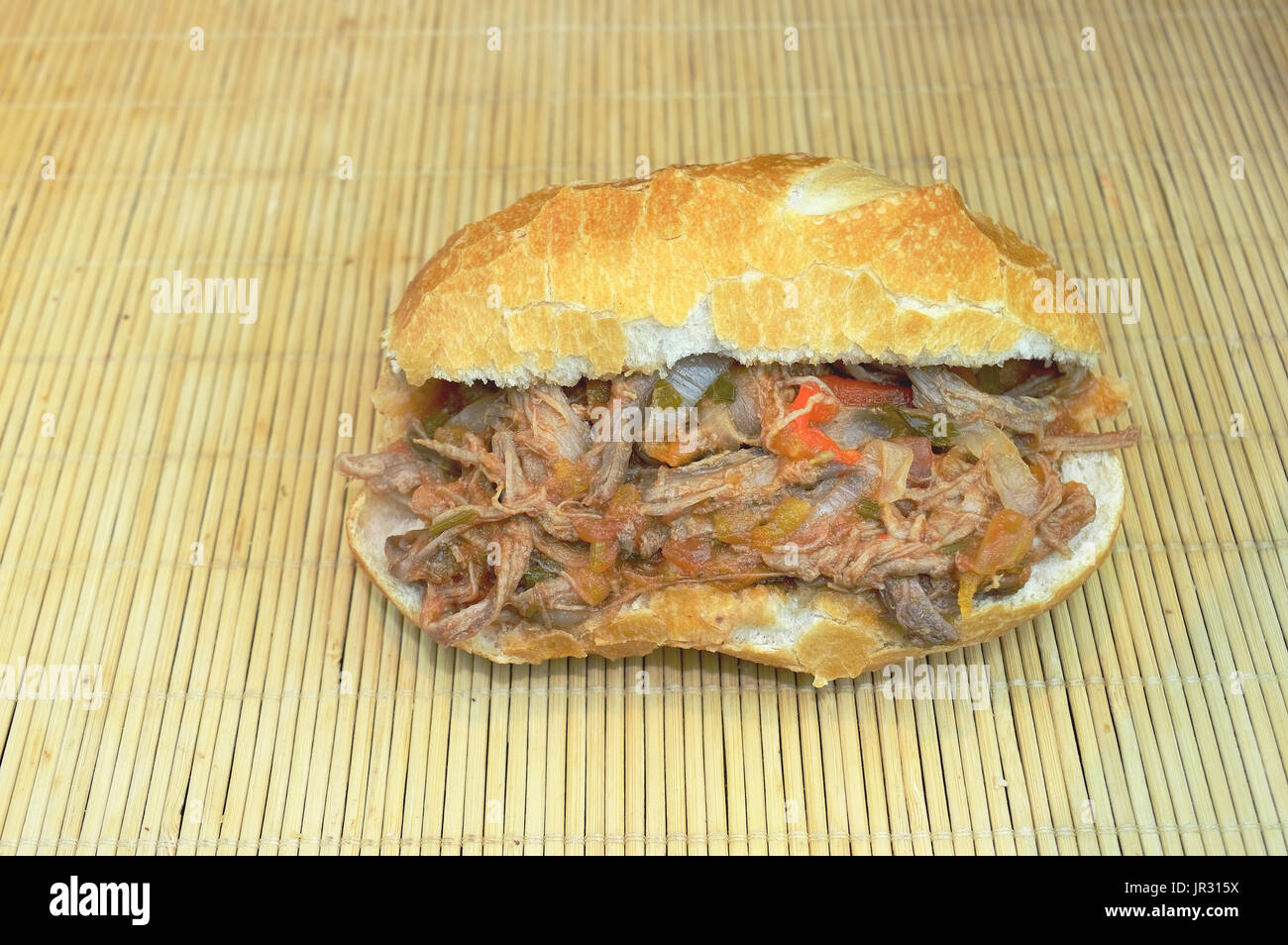 Top view of meat sandwich over a wood surface Stock Photo