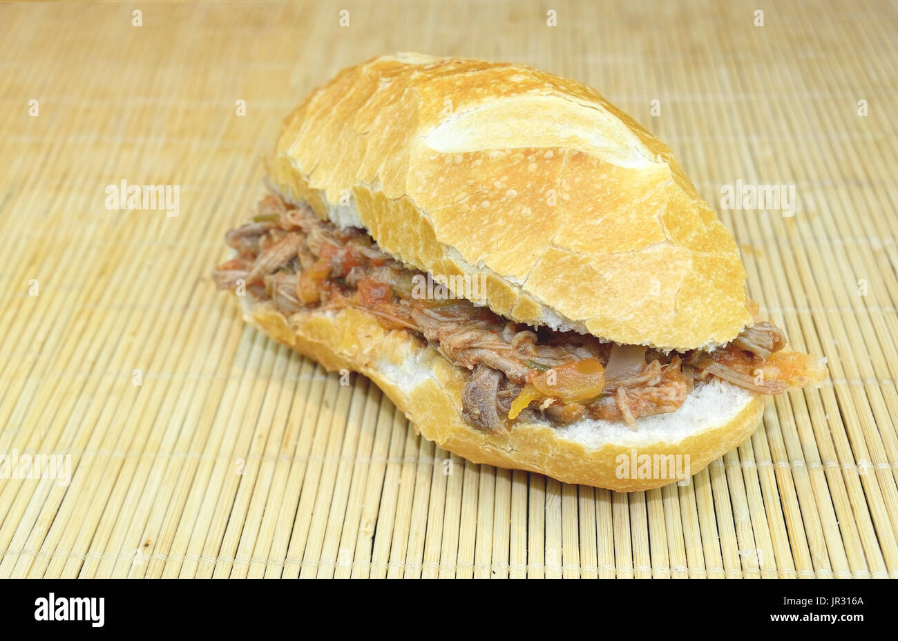 High Angle view of meat sandwich over a wood surface Stock Photo