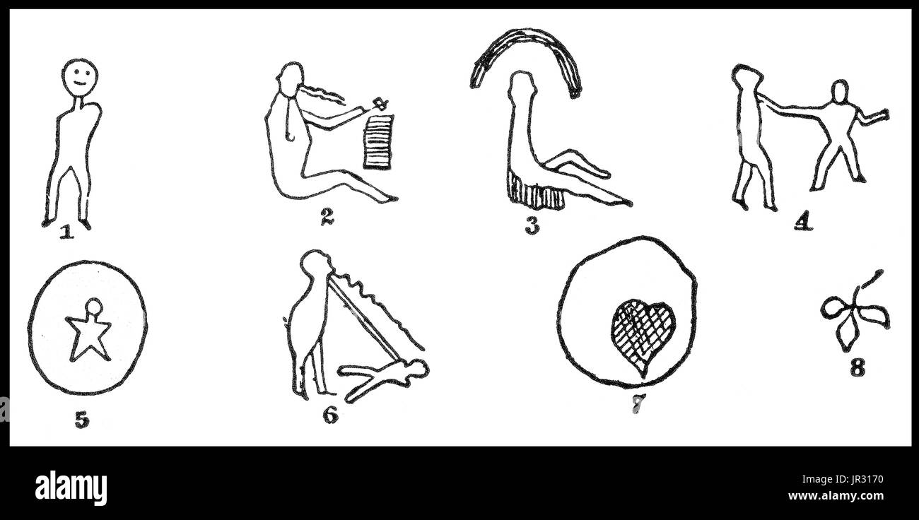 Early written symbols were based on pictographs (pictures which resemble what they signify) and ideograms (symbols which represent ideas). Pictographs are still in use as the main medium of written communication in some non-literate cultures in Africa, the Americas, and Oceania. Pictographs are often used as simple, pictorial, representational symbols by most contemporary cultures. Pictographs can be considered an art form, or can be considered a written language and are designated as such in Pre-Columbian art, Native American art, Ancient Mesopotamia and Painting in the Americas before Coloni Stock Photo