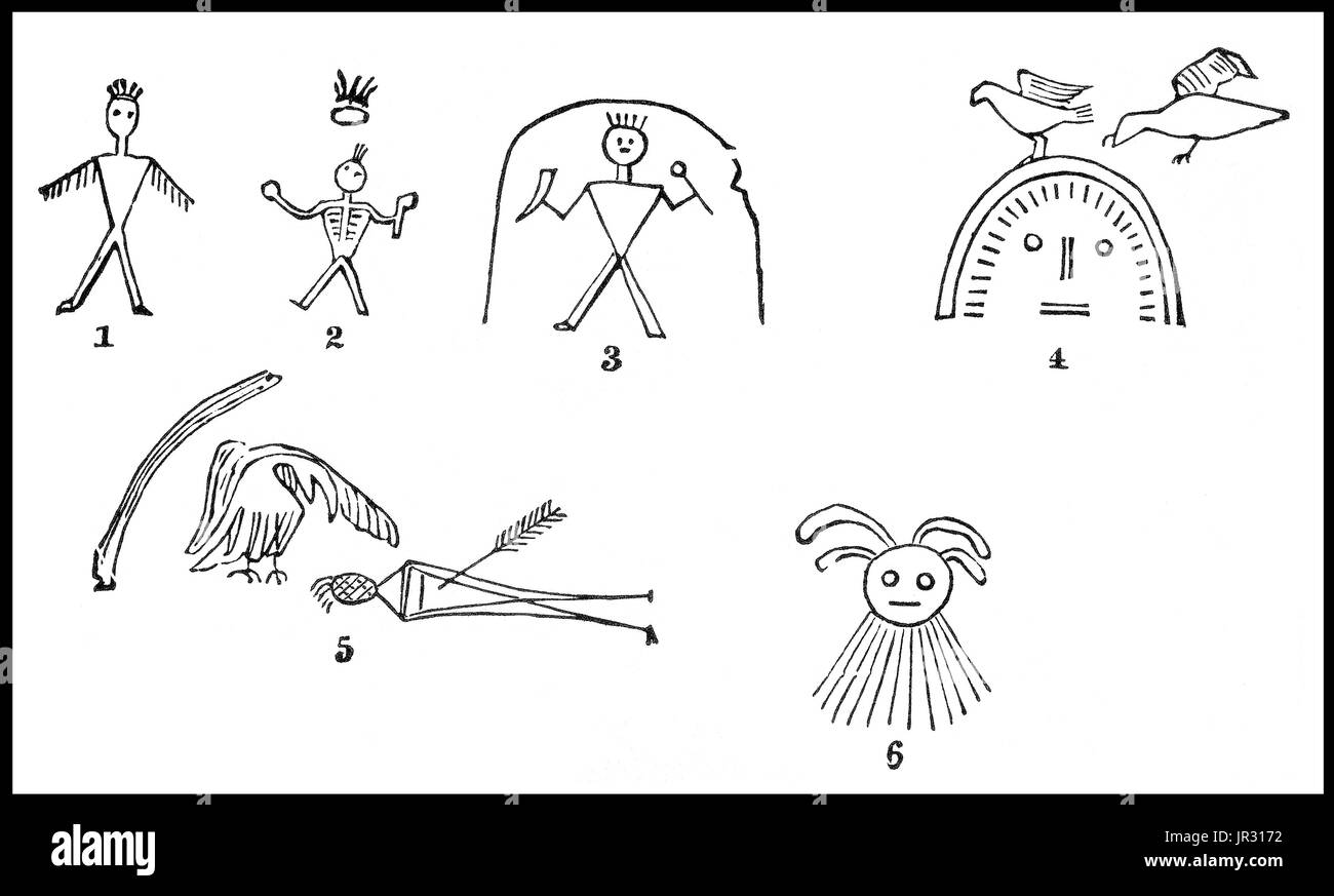 Early written symbols were based on pictographs (pictures which resemble what they signify) and ideograms (symbols which represent ideas). Pictographs are still in use as the main medium of written communication in some non-literate cultures in Africa, the Americas, and Oceania. Pictographs are often used as simple, pictorial, representational symbols by most contemporary cultures. Pictographs can be considered an art form, or can be considered a written language and are designated as such in Pre-Columbian art, Native American art, Ancient Mesopotamia and Painting in the Americas before Coloni Stock Photo