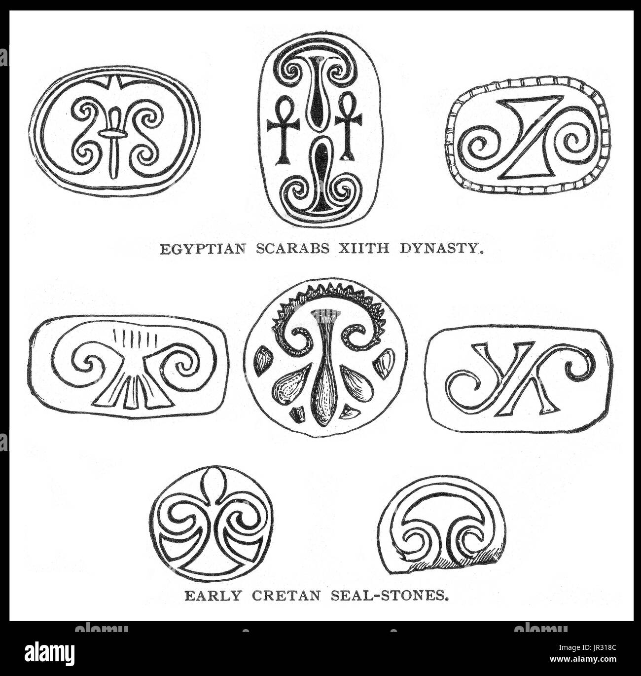 Scarabs were popular amulets and impression seals in Ancient Egypt. They survive in large numbers and, through their inscriptions and typology, they are an important source of information for archaeologists and historians of the ancient world. Minoan seal-stones are gemstones, or near-gem-quality stones produced in the Minoan civilization. Seal-stones, with intricate carvings in Minoan style showing goddesses, altars, reeds, lions and bulls, some with bull-jumpers soaring over the bull's horns - all in Minoan style and probably made in Crete. Illustration by the British archeologist Arthur Eva Stock Photo