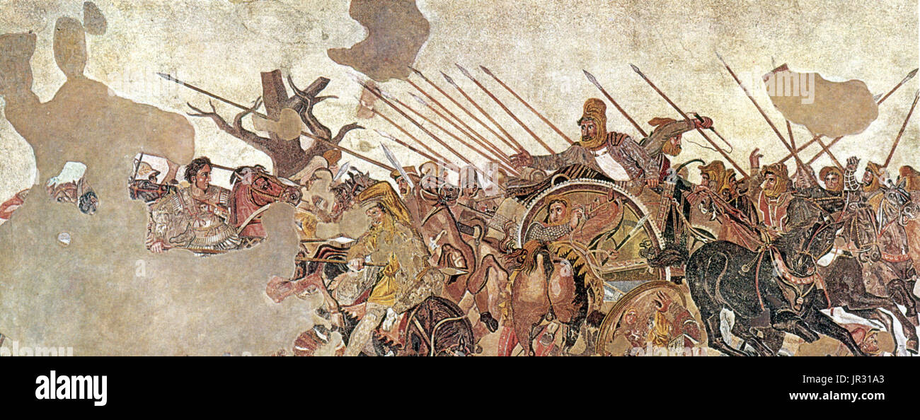 The Alexander Mosaic, dating from circa 100 BC, is a Roman floor mosaic originally from the House of the Faun in Pompeii. It depicts a battle between the armies of Alexander the Great and Darius III of Persia and measures 8 feet 11 inches by 16 feet 10 inches. The original is preserved in the Naples National Archaeological Museum. The mosaic is believed to be a copy of an early 3rd century BC Hellenistic painting. The work is traditionally believed to show the Battle of Issus. The Battle of Issus occurred in southern Anatolia, on November 5, 333 BC between the Hellenic League led by Alexander  Stock Photo