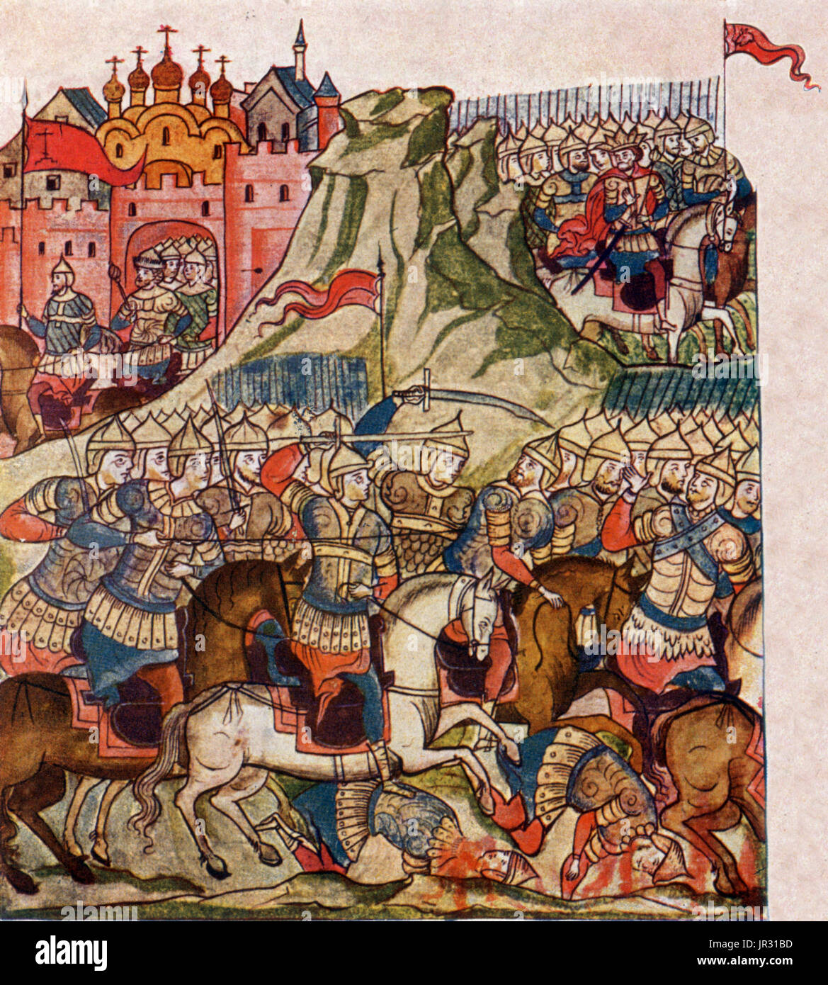 The Battle of Kulikovo was fought between the armies of the Golden Horde under the command of Mamai, and various Russian principalities under the united command of Prince Dmitri of Moscow. The battle took place on September 8, 1380, at the Kulikovo Field near the Don River (now Tula Oblast, Russia). After approximately three hours of battle (from noon to 3pm) the Russian forces were successful, despite great casualties, in holding off the Horde's attack. The cavalry of Vladimir, Prince of Serpukhov (Dmitri's cousin), led by Prince Bobrok (Prince Dmitri's brother-in-law), launched a surprise co Stock Photo
