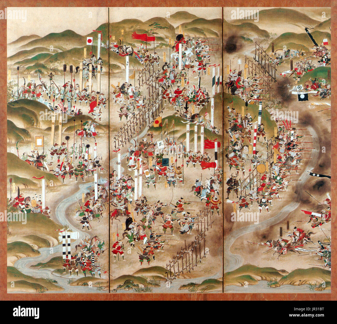 The Battle of Nagashino took place in 1575 near Nagashino Castle on the plain of Shitarabara in the Mikawa Province of Japan. Takeda Katsuyori attacked the castle when Okudaira Sadamasa rejoined the Tokugawa, and when his original plot with Oga Yashiro for taking Okazaki Castle, the capital of Mikawa, was discovered. Katsuyori attacked the castle on June 16, using Takeda gold miners to tunnel under the walls, rafts to ferry samurai across the rivers, and siege towers. On June 22 the siege became a blockade complete with palisades and cables strewn across the river. The defenders then set Torii Stock Photo