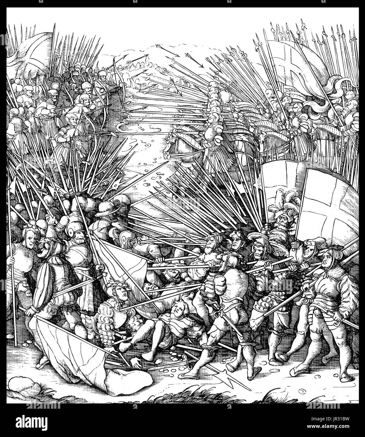 One of many battle scenes in Der Weisskunig or The White King a chivalric novel and biography of the Holy Roman Emperor, Maximilian I, (1486-1519) written in German by Maximilian and his secretary between 1505-16. The story is based on the lives of Maximilian, fictionalized as the 'young' White King, and his father, the 'old' White King, Frederick III, and recounts their dealings with contemporary characters whose identities are disguised but easily decipherable. These include the Blue King (the King of France), the Green King (the King of Hungary) and the King of Fish (representing Venice). M Stock Photo
