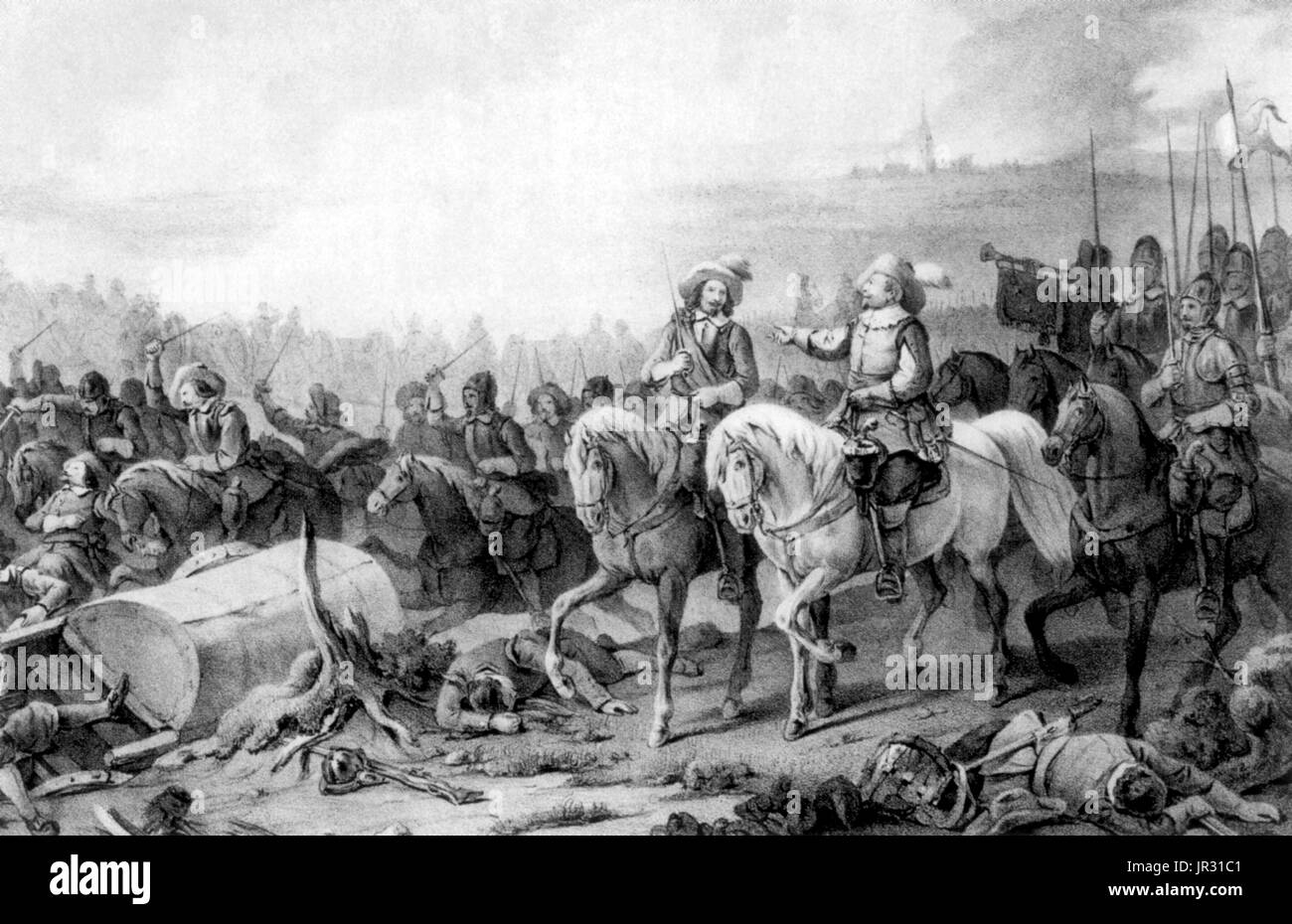 The Battle of Breitenfeld was fought at a crossroads near the walled city of Leipzig on September 17, 1631. The battle lasted over six hours. The first two hours consisted of an exchange of artillery fire, followed by an Imperial attack with cavalry from both wings to both ends of the Protestant line. The cavalry attack routed the Saxon troops on the Swedish left flank. The imperial army conducted a general attack to exploit the exposed left flank. The Swedes repositioned their second line to cover the left flank and counterattacked with their cavalry. The attack on the Imperial left was led p Stock Photo