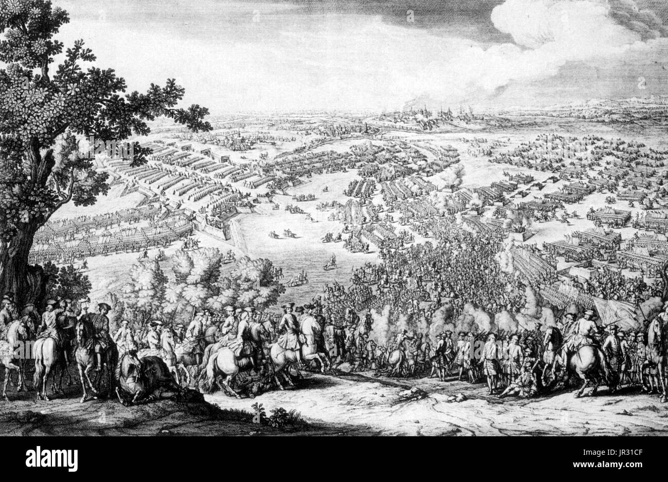 The Battle of Poltava on July 8, 1709 was the decisive victory of Peter I of Russia over the Swedish forces under Field Marshal Carl Gustav Rehnskiöld, in one of the battles of the Great Northern War. High-ranking Swedes captured during the battle included Field Marshal Rehnskiöld, major generals Schlippenbach, Stackelberg, Hamilton and Prince Maximilian Emanuel. Peter held a celebratory banquet in two large tents erected on the battlefield. The battle also bears major importance in Ukrainian national history, as Hetman of Zaporizhian Host Ivan Mazepa sided with the Swedes, seeking to create a Stock Photo