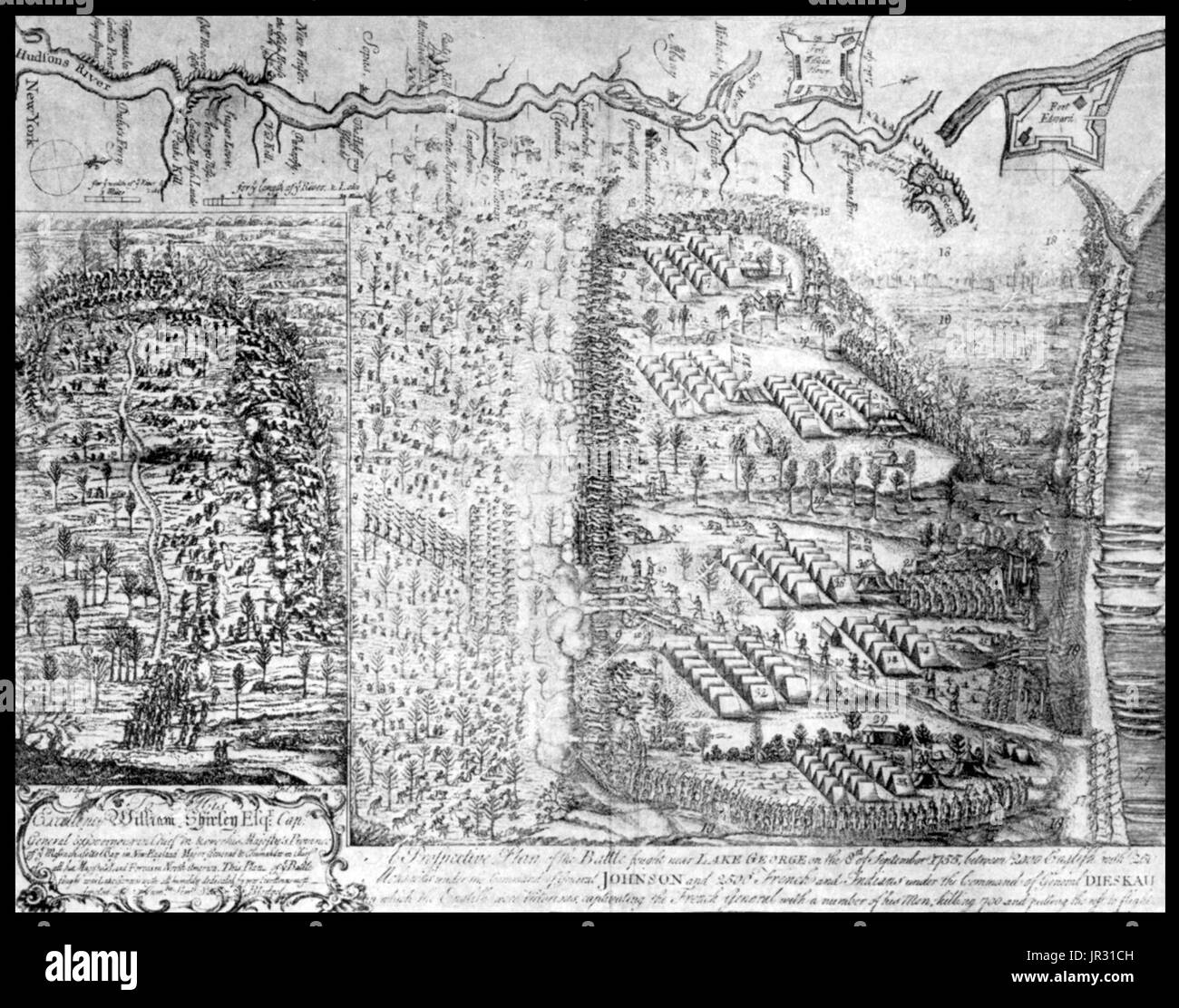 The Battle of Lake George was fought on September 8, 1755, in the north of the Province of New York. The battle was part of a campaign by the British to expel the French from North America in the French and Indian War. On one side were 1,500 French, Canadian, and Indian troops under the command of the Baron de Dieskau and on the other side 1,500 colonial troops under William Johnson and 200 Mohawks led by a noted war chief, Hendrick Theyanoguin. The Battle of Lake George, comprising three parts, eventually ended in a British victory. Johnson's expedition eventually stopped short of Fort St. Fr Stock Photo