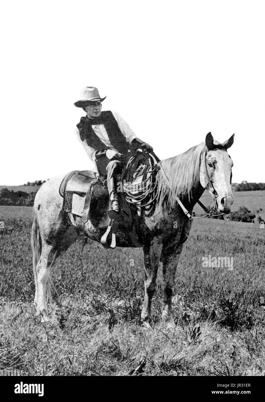 The historic American cowboy of the late 19th century arose from the vaquero traditions of northern Mexico and became a figure of special significance and legend. By the late 1860s, following the American Civil War and the expansion of the cattle industry, former soldiers from both the Union and Confederacy came west, seeking work, as did large numbers of restless white men in general. A significant number of African-American freedmen also were drawn to cowboy life, in part because there was not quite as much discrimination in the west as in other areas of American society at the time. The ave Stock Photo