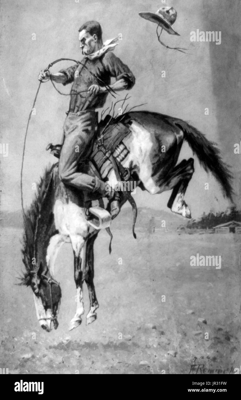 Cowboy riding a bucking bronco, Frederic Remington, 1908. Cowboys of the American West developed a personal culture of their own, a blend of frontier and Victorian values that even retained vestiges of chivalry. Such hazardous work in isolated conditions also bred a tradition of self-dependence and individualism, with great value put on personal honesty, exemplified in songs and poetry. The average cowboy earned approximately a dollar a day, plus food, and, when near the home ranch, a bed in the bunkhouse, usually a barracks-like building with a single open room. Bucking is a movement performe Stock Photo