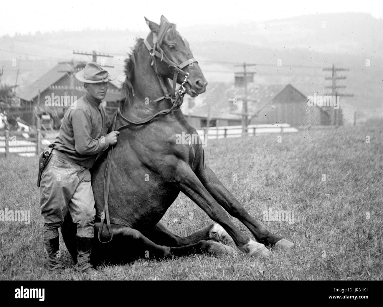 US Army horse stunts, B Troop, 15th US Cavalry, Frostburg, Maryland. The United States Cavalry was the designation of the mounted force of the United States Army from the late 18th to the early 20th century. Photographed by National Photo Company, 1909. Stock Photo