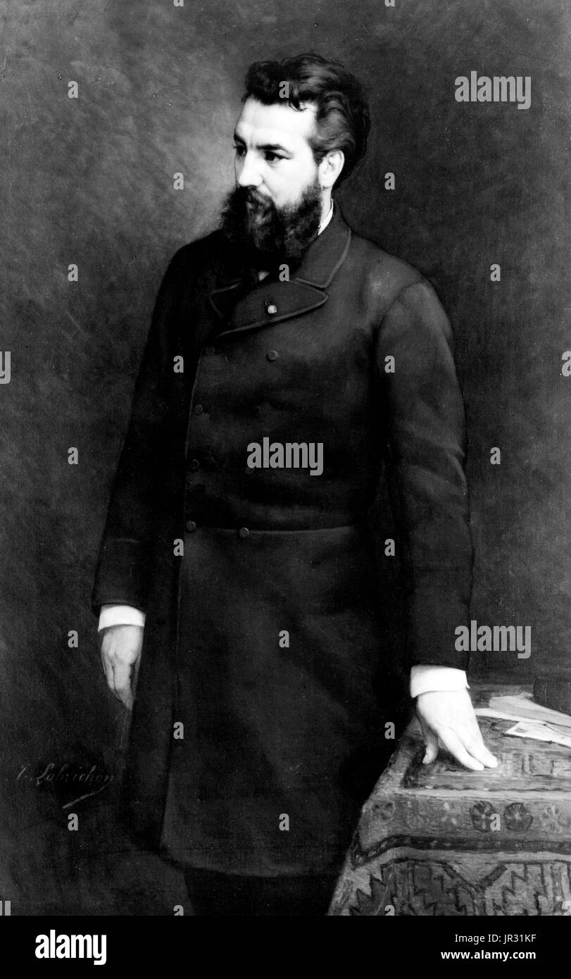 Alexander Graham Bell (March 3, 1847 - August 2, 1922) was a Scottish-American speech therapist and inventor of the telephone. Bell followed his father and grandfather into the speech therapy profession, but also studied sound waves and the mechanics of speech. By 1871, he had moved to the United States, becoming professor of vodal physiology in Boston. There he performed his experiments in converting sound waves into electrical impulses for transmission down wires. In 1876, he patented the telephone and founded what has become the AT&T company. In later years he made many improvements to the  Stock Photo