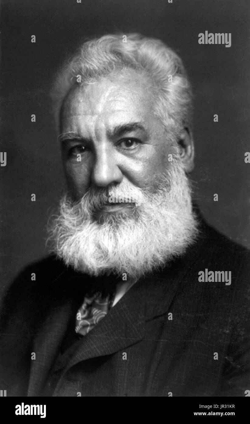 Alexander Graham Bell (March 3, 1847 - August 2, 1922) was a Scottish-American speech therapist and inventor of the telephone. Bell followed his father and grandfather into the speech therapy profession, but also studied sound waves and the mechanics of speech. By 1871, he had moved to the United States, becoming professor of vodal physiology in Boston. There he performed his experiments in converting sound waves into electrical impulses for transmission down wires. In 1876, he patented the telephone and founded what has become the AT&T company. In later years he made many improvements to the  Stock Photo