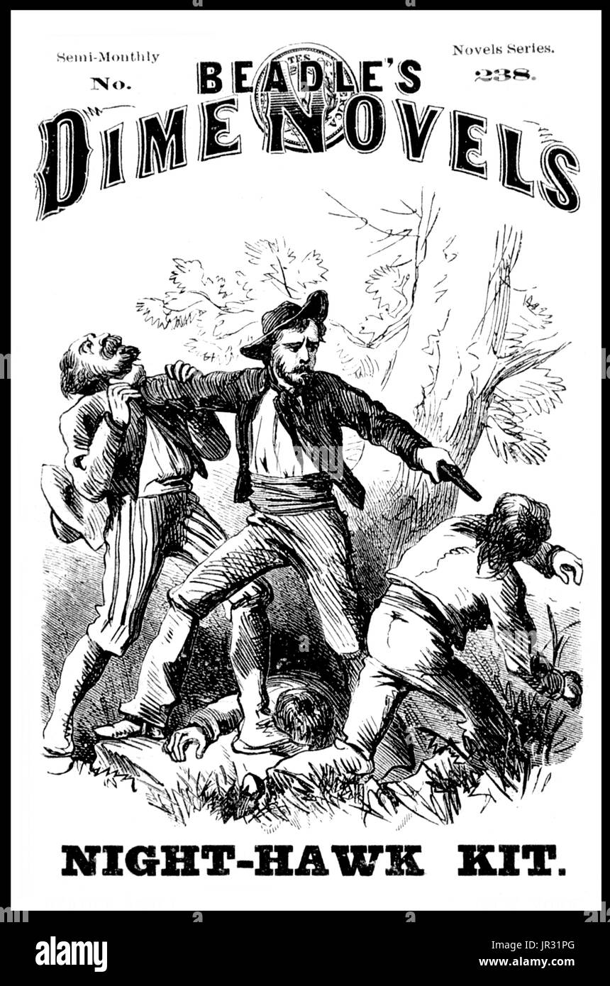 In 1860, the publishers Erastus and Irwin Beadle released a series of cheap paperbacks, Beadle's Dime Novels. Dime novels varied in size, even in the first Beadle series, but were mostly about 6.5 by 4.25 inches, with 100 pages. The first 28 were published without a cover illustration, in a salmon-colored paper wrapper. A woodblock print was added in issue 29, and the first 28 were reprinted with illustrated covers. The books were priced, of course, at ten cents. Most of the stories were frontier tales reprinted from the numerous serials in the story papers and other sources, but many were ori Stock Photo