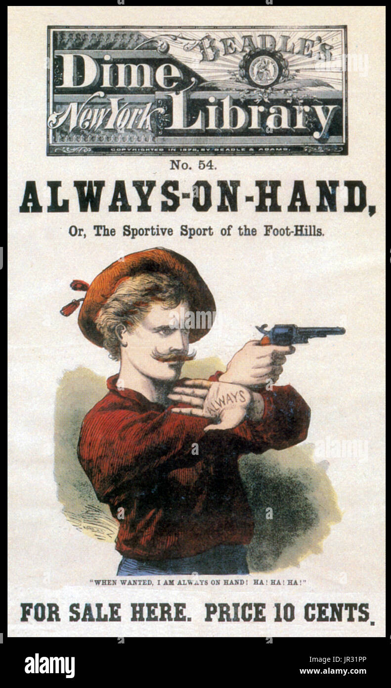 In 1860, the publishers Erastus and Irwin Beadle released a series of cheap paperbacks, Beadle's Dime Novels. Dime novels varied in size, even in the first Beadle series, but were mostly about 6.5 by 4.25 inches, with 100 pages. The first 28 were published without a cover illustration, in a salmon-colored paper wrapper. A woodblock print was added in issue 29, and the first 28 were reprinted with illustrated covers. The books were priced, of course, at ten cents. Most of the stories were frontier tales reprinted from the numerous serials in the story papers and other sources, but many were ori Stock Photo