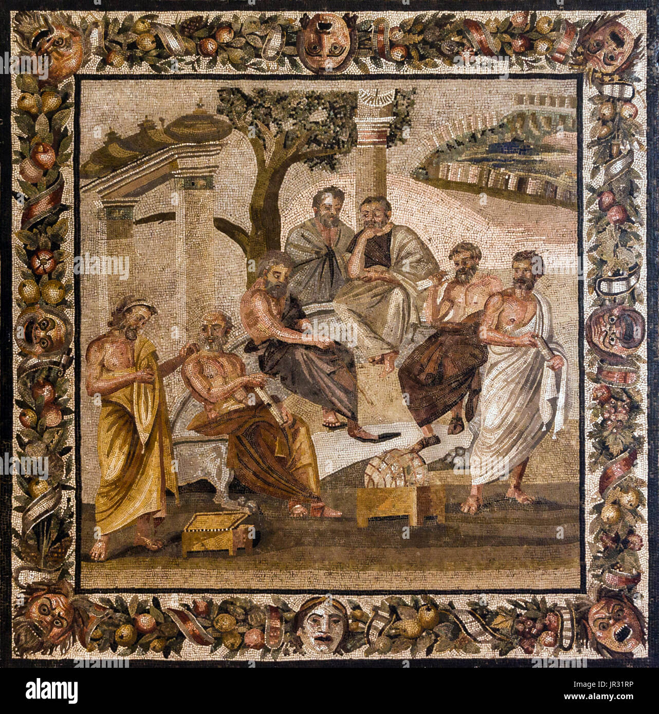 Plato's Academy mosaic was constructed in the 1st century BC, in the villa of T. Siminius Stephanus in Pompeii. The mosaic features seven men: six students and, presumably, their teacher, Plato. All the figures are deep in contemplation or discussion. The central man, most likely Plato, seems to be pointing at something with a stick. The traditional interpretations believe he is gesturing at the globe seen in the foreground. The elements surrounding the philosophers, the sacred gateway with vases, the tree and the votive column, are all typical of a mythological landscape. In the background th Stock Photo