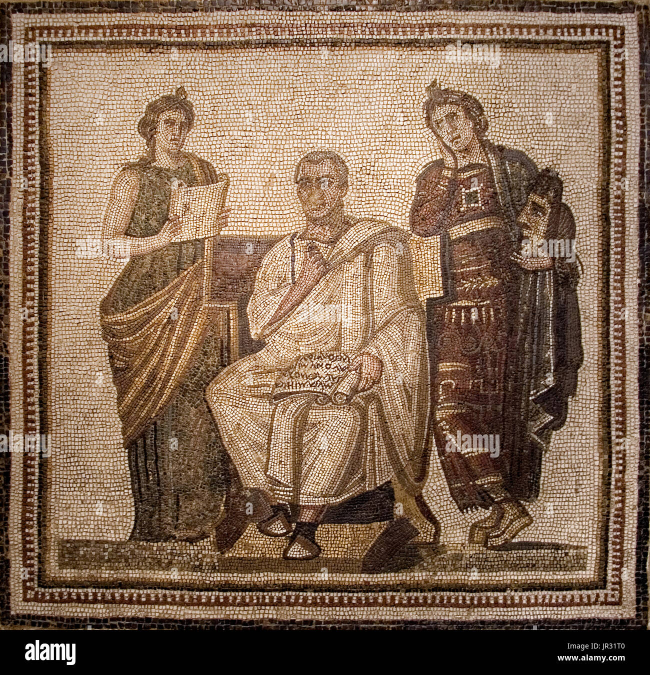 Virgil, wearing a toga and holding a scroll on his lap is attended by two Muses; Clio (history), stands on his left holding a scroll. Melpomene (tragedy), stands to the right with a tragic mask. The scroll is open at Aeneid I, line II: :O Muse! the cause and the crimes relate, What Goddess was provoked, and whence her hate!' Publius Vergilius Maro (70-19 BC), usually called Virgil or Vergil in English, was an ancient Roman poet of the Augustan period. Virgil is ranked as one of Rome's greatest poets. His Aeneid has been considered the national epic of ancient Rome. Modeled after Homer's Iliad  Stock Photo