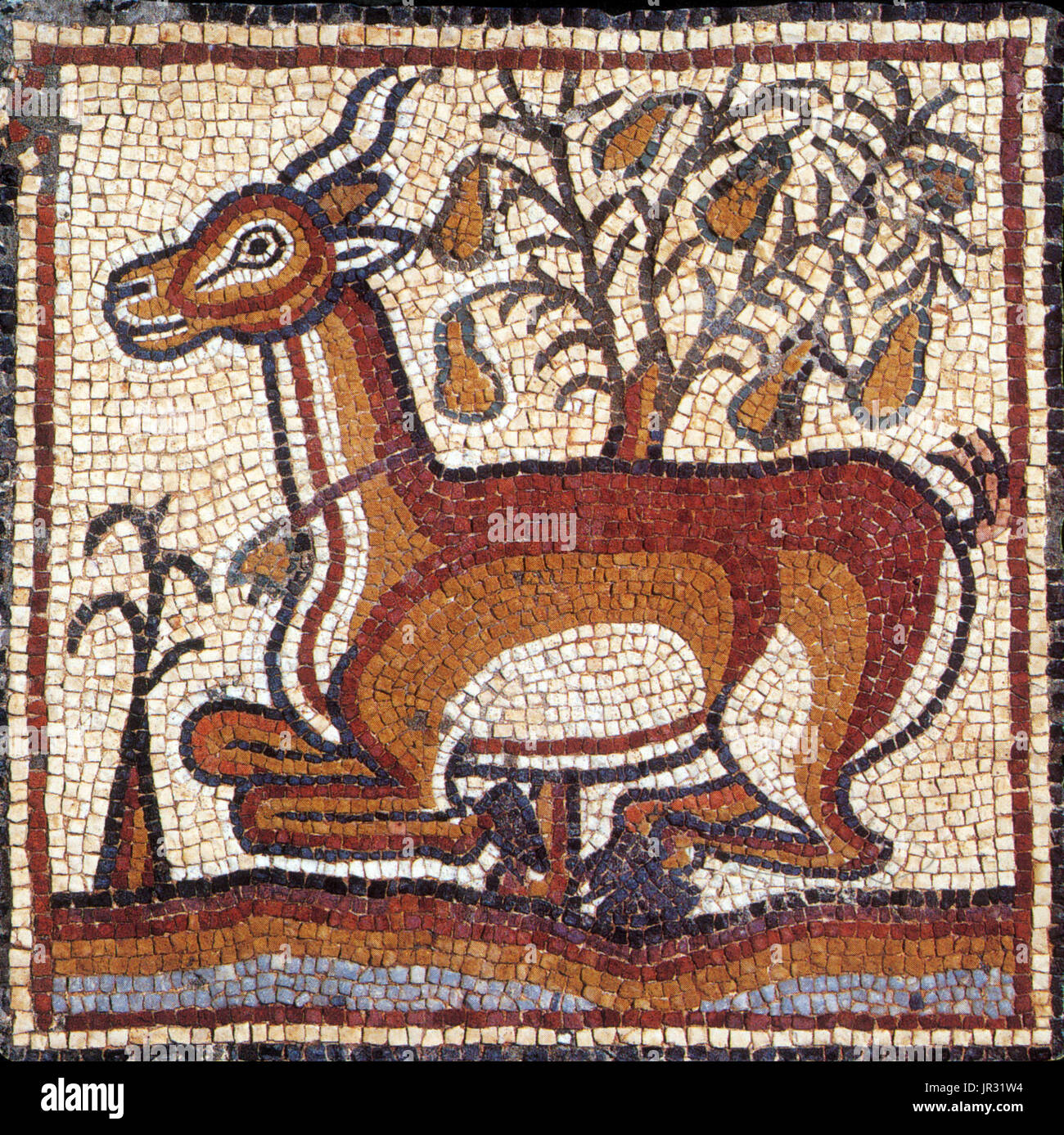 Byzantine Mosaic, Gazelle. Theodorias (modern Qasr Libya) was a Byzantine city in the Cyrenaica, founded in 539 by the emperor Justinian and named in honor of his wife, the Empress Theodora. The history of Qasr Libya goes back to the Greek period (4th century BC), when it was called Olbia. The complex contained two churches: the eastern church, discovered in 1957, and the western church, discovered in 1964. The mosaics were excavated from the nearby eastern church after they were discovered by Libyan laborers. The collection contains 50 panels, mostly of animals, gods, goddesses, nymphs, and f Stock Photo