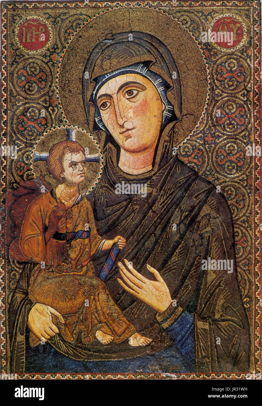 Saint Catherine's Monastery, Madonna and child, 13th century. A Hodegetria is an iconographic depiction of the Theotokos (Virgin Mary) holding the Child Jesus at her side while pointing to Him as the source of salvation for humankind. In the Western Church this type of icon is sometimes called Our Lady of the Way. Saint Catherine's Monastery lies on the Sinai Peninsula, at the mouth of a gorge at the foot of Mount Sinai, in the city of Saint Catherine, Egypt in the South Sinai Governorate. The monastery is controlled by the autonomous Church of Sinai, part of the wider Eastern Orthodox Church, Stock Photo