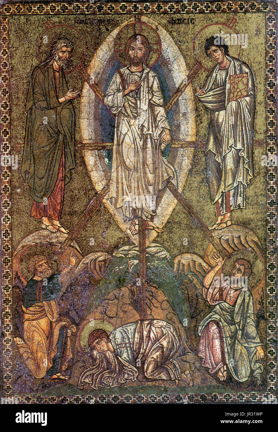 Byzantine school portable icon depicting the Transfiguration Jesus. The Transfiguration of Jesus has been an important subject in Christian art, above all in the Eastern church, some of whose most striking icons show the scene. Mosaics were more central to Byzantine culture than to that of Western Europe. Byzantine church interiors were generally covered with golden mosaics. Mosaic art flourished in the Byzantine Empire from the 6th to the 15th centuries. Stock Photo