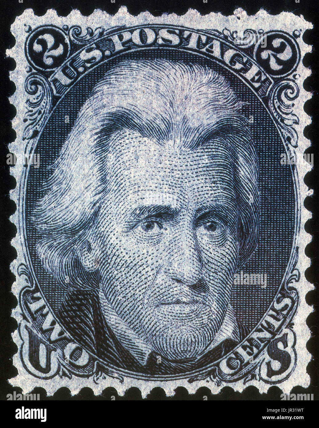 Black Jack or Blackjack was the 2¢ denomination United States postage stamp issued from July 1, 1863 to 1869, is generally referred to as the 'Black Jack' due to the large portraiture of the United States President, Andrew Jackson on its face printed in pitch black. The stamp was issued to fulfill a need for a reduced rate, 2¢ denomination for newspaper, magazine, and local deliveries; and was often used to 'make up' higher rates, or split in half to make up lower ones (1¢ stamp) due to shortages at the local post office. During the Civil War, the 'Black Jack' was supposed to have been favored Stock Photo