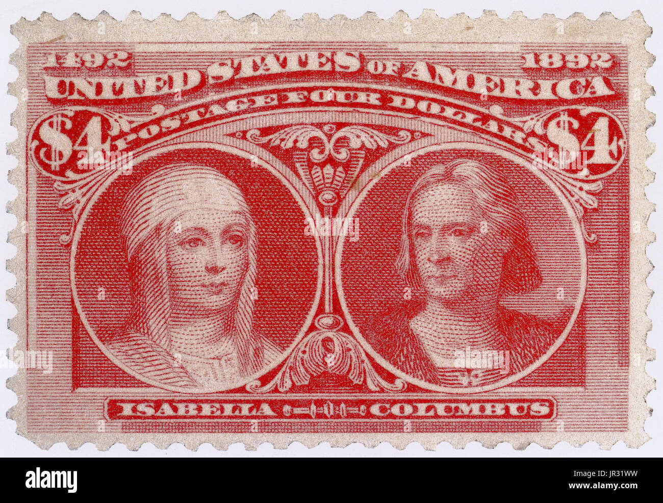 Isabella and Columbus,U.S. Postage Stamp,1893 Stock Photo