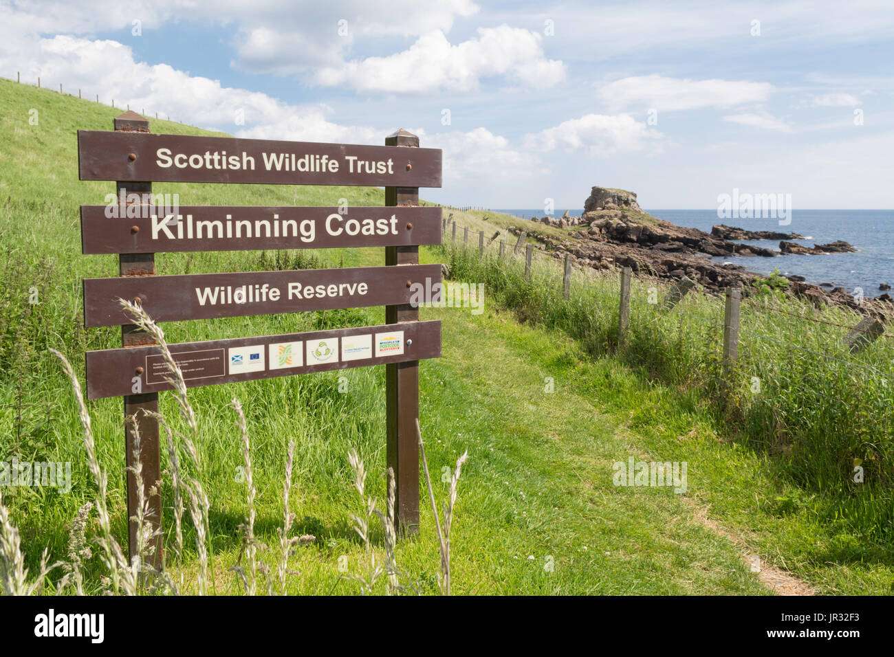 Scottish  Wildlife Trust Kilminning Coast Wildlife Reserve sign, Fife, Scotland, UK Stock Photo