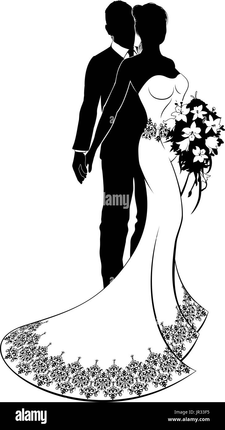 Wedding Silhouette Bride and Groom Bouquet  Stock Vector