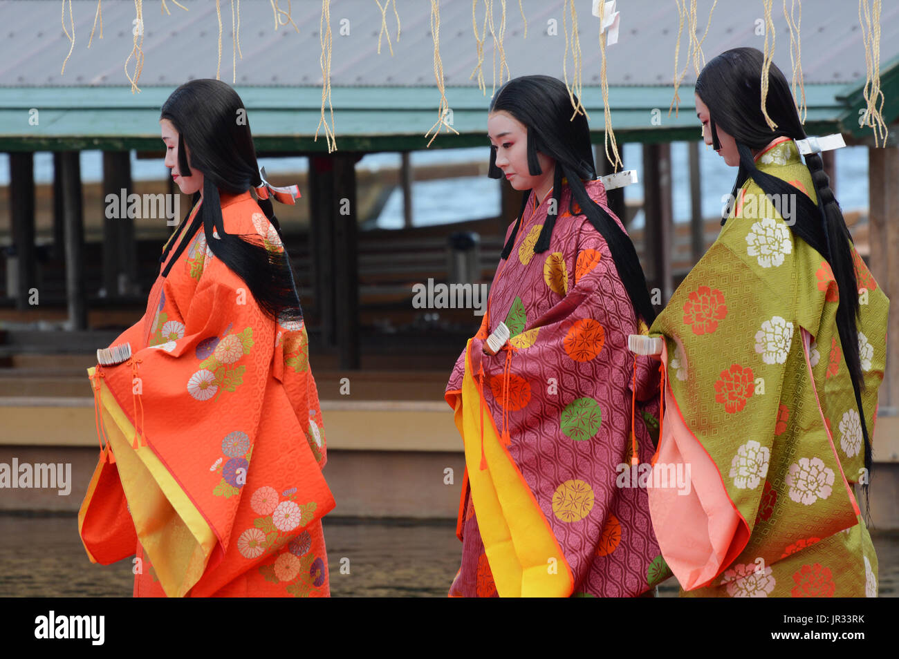 KYOTO, JAPAN - OCTOBER 16, 2016 - Japanese women in colorful traditional clothing take part in the Saigu Procession festival in Kyoto Stock Photo