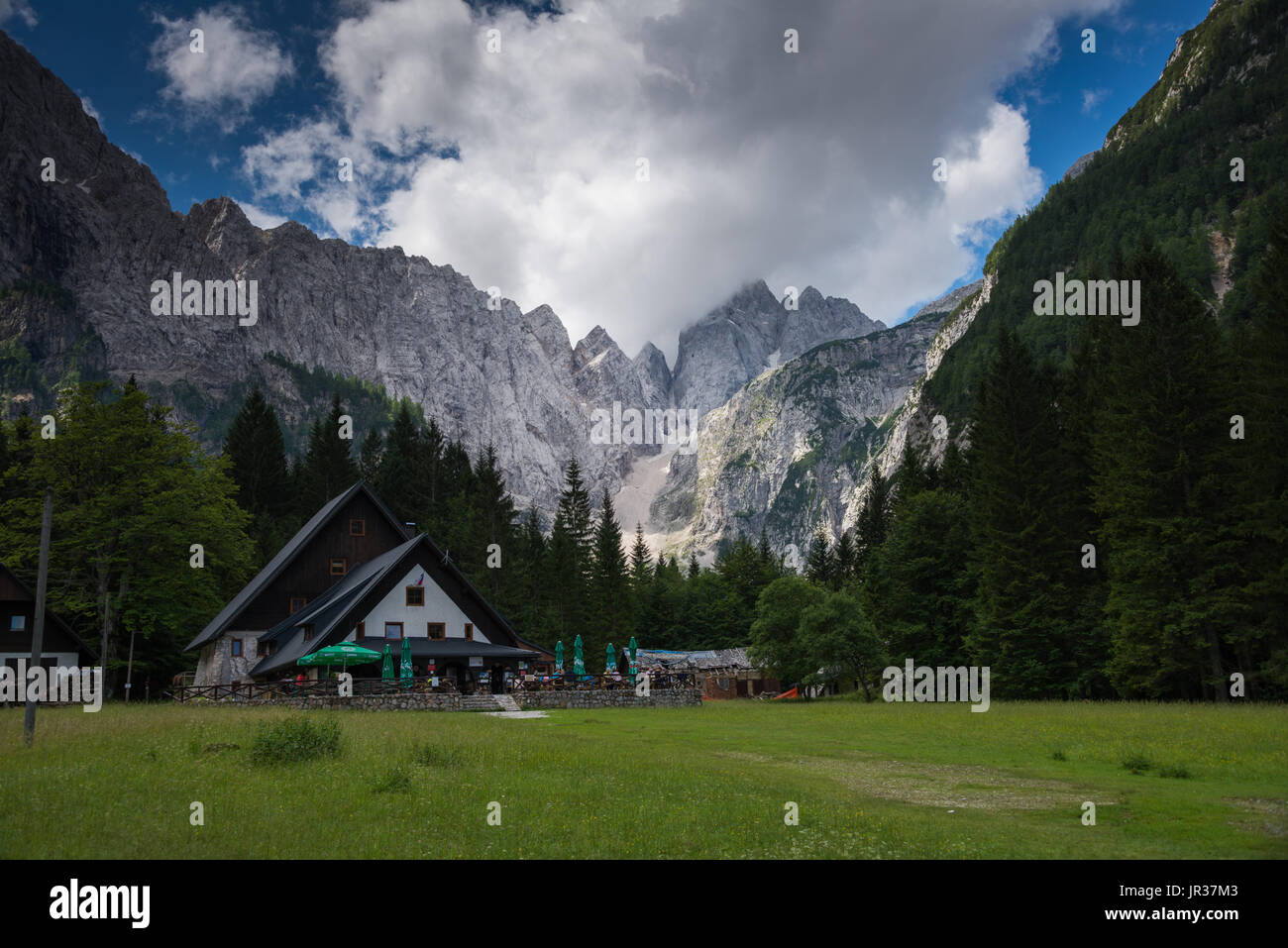 Mountain hut Planinski dom Tamar near Planika and Kranskja Gora, Slovenia, Julian Alps Stock Photo